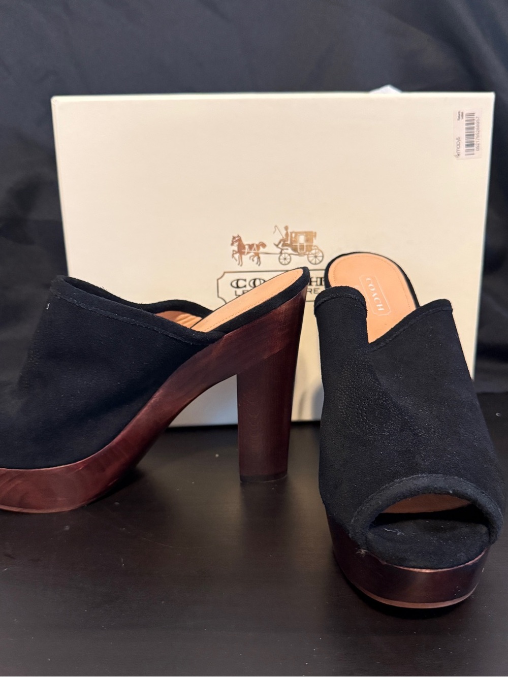 NWT, COACH JANETT Black Suede Open-Toe Wood-Platform Mules